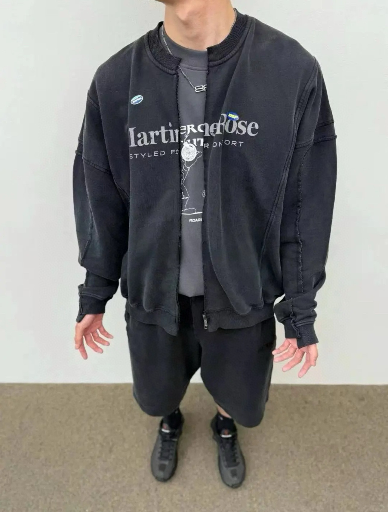 Martine Rose American Washed Distressed Slogan Logo Graffiti Sticker Printed Asymmetrical Zipper Jacket Trendy