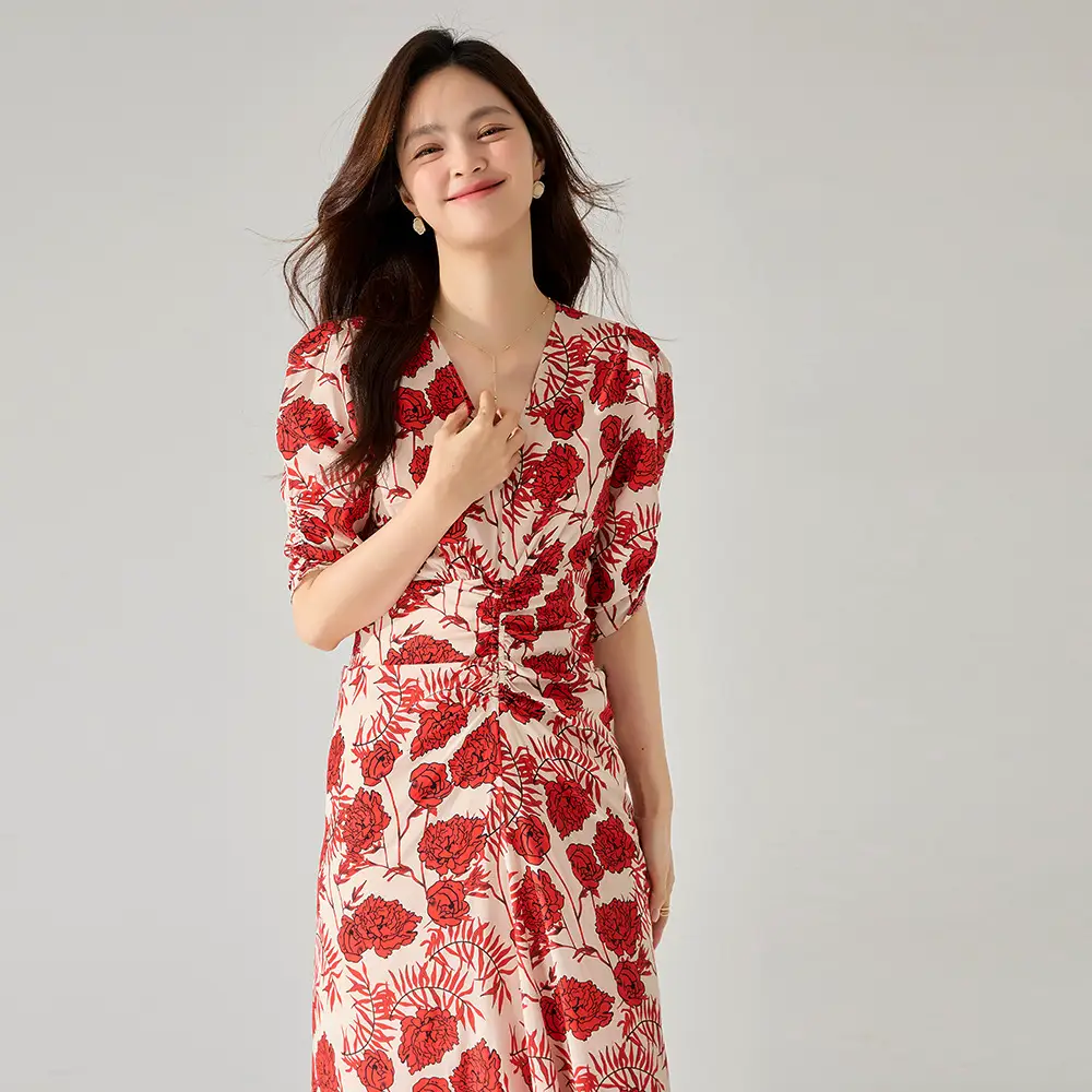 24 Strictly Selected Summer New French V-Neck Bubble Sleeve Waist Tight Pleated Rose Printed Long dress 22223