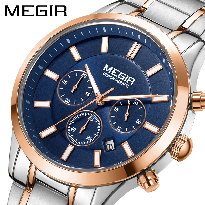 Genuine megir Watch Men's Business Fashion Steel Belt Chronograph Waterproof Luminous Quartz Men's Watch 2150