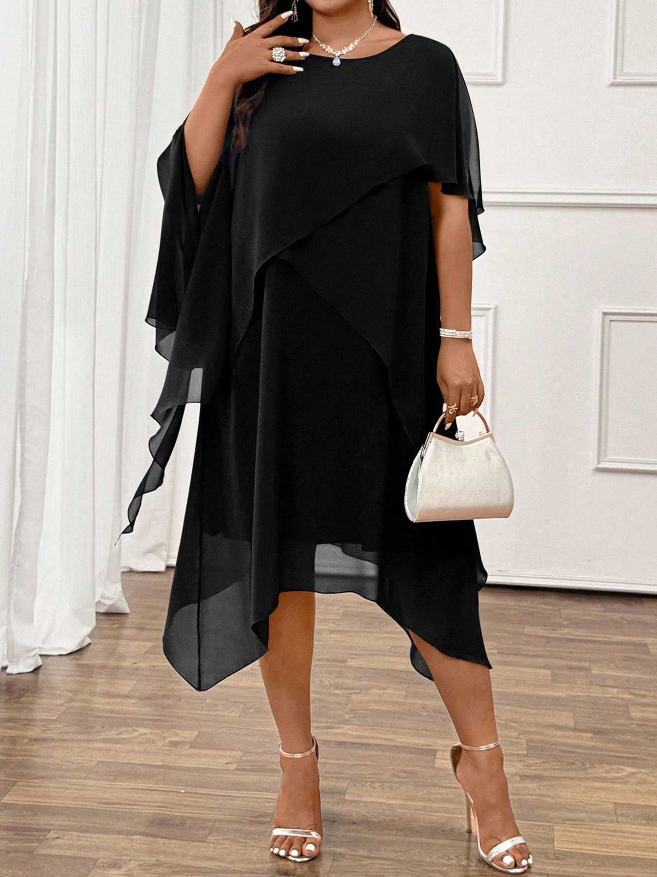 2025 Cross-Border European and American Style Irregular Patchwork Solid Color Mesh Round Neck Design Casual and Elegant Dress