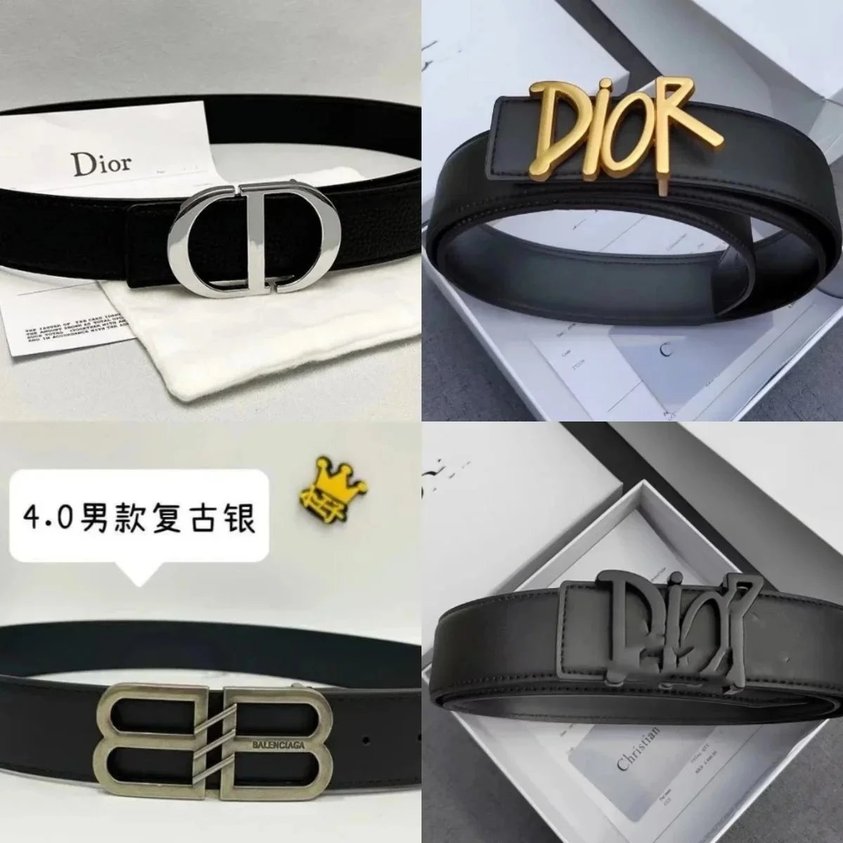 Dior CD buckle belt, Dior DIOR logo belt, Balenciaga BB logo belt