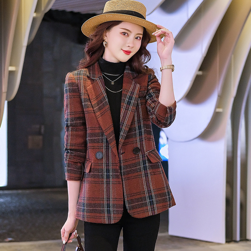 Long-Sleeved Wool Slim-Fit Plaid Suit Collar Slim-Fit Jacket Autumn and Winter Commuter Large Size Small Suit Cardigan Outerwear