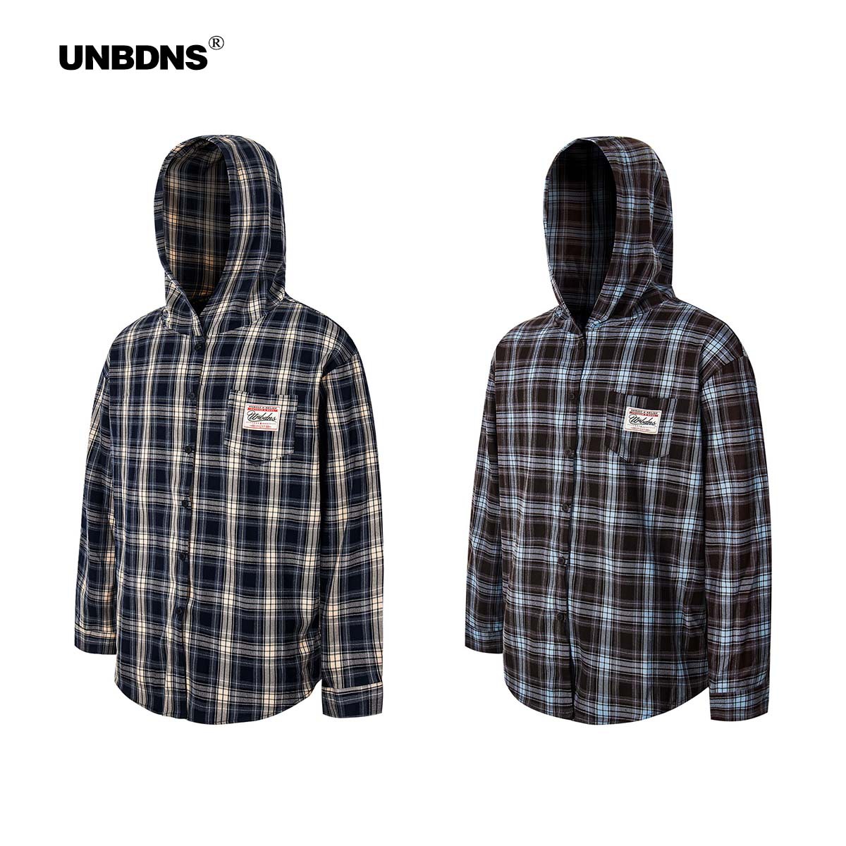Unbdns American Contrast Plaid Hooded Long-Sleeved Shirt Jacket for Men and Women, Retro Street Loose and Casual