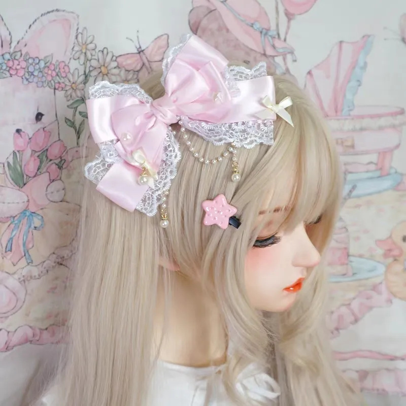 New Lolita Hair Accessories, Macaron-Colored Lace Pearl Tassel Bow Hair Clip, Girl's Anime Convention Headwear