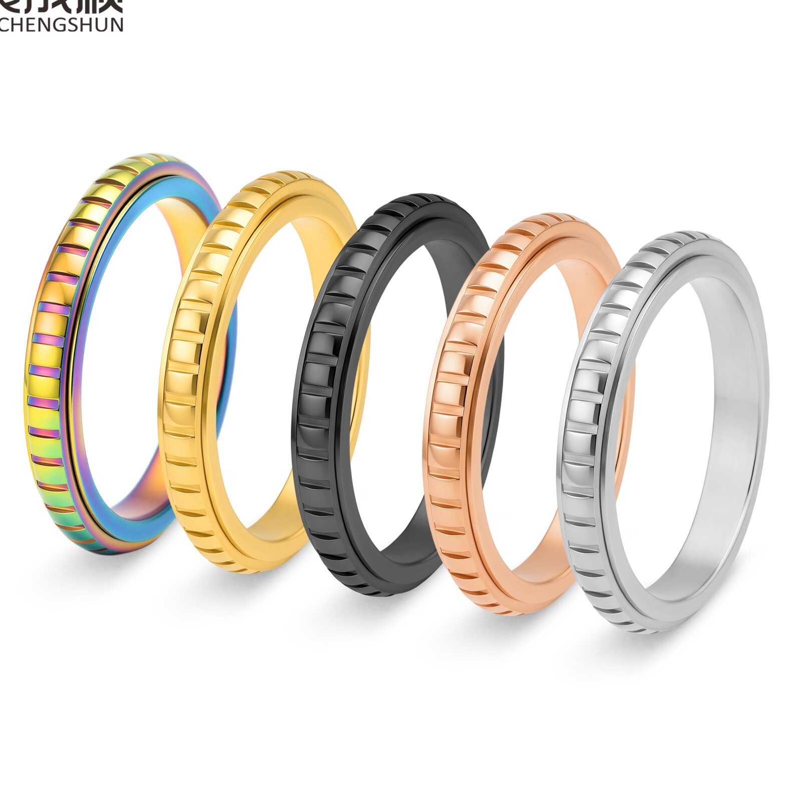 Cross-Border New Model 3mm Wide 18K Gold Jewelry Women's Elegant Style Titanium Steel Stress-Relief Rotatable Ring in Stock