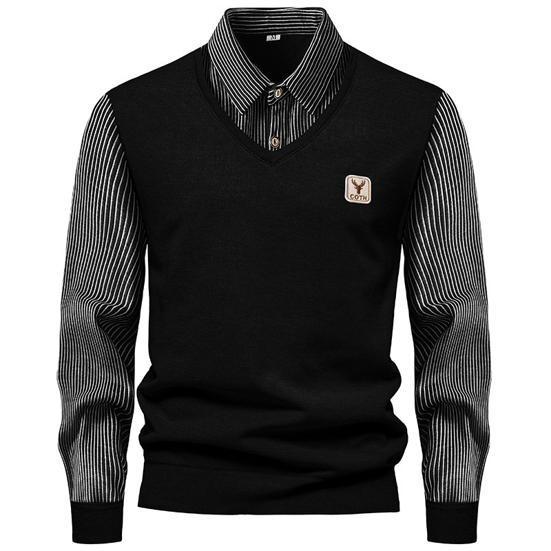 Wholesale Trade Cross-border Autumn and Winter New Men's Long-sleeved Sweater Fake Two-piece Fashion fleece-lined Striped Shirt Pullover Knitted