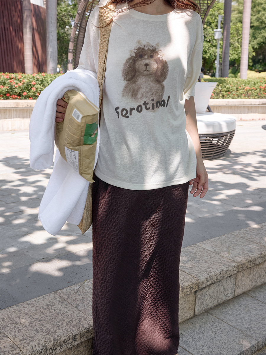 Trendy Fun Puppy Tee Loose Fit Textured Retro Print Short Sleeve T-Shirt for Women New Model 30338