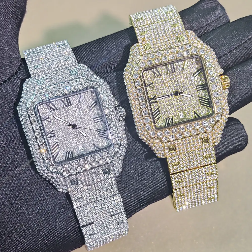 Luxury Full Diamond Watch for Men, Diamond-Encrusted Watch with Roman Numerals, Hip-Hop Wrist Accessory, Hiphop Watch