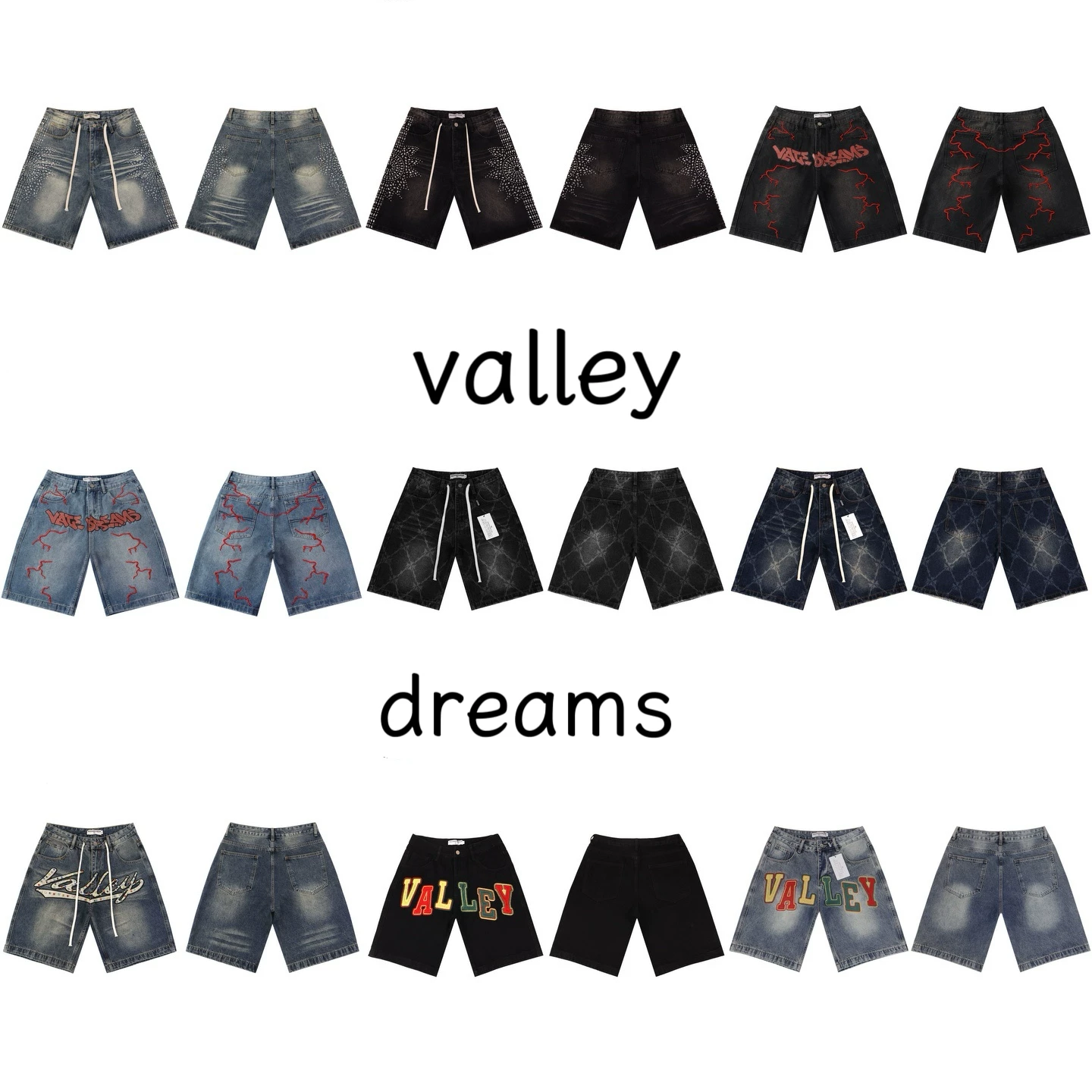 2026 New Vale Valley Dreams Rhinestone Letter Denim Washed Loose Shorts Five-Point Denim Shorts Foto QC de TAOBAO na Qualit.ly