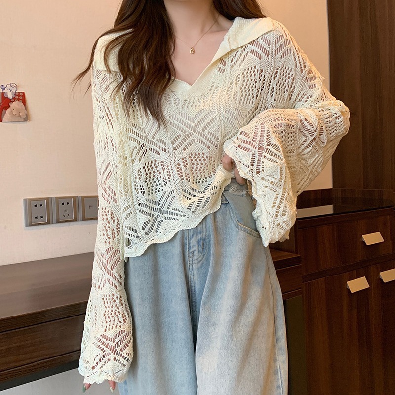 Kaning Hollow-Out Design Long-Sleeve Knit Top for Women 2026 Autumn and Summer New Style Bell Sleeve Spicy Girl Top for Women