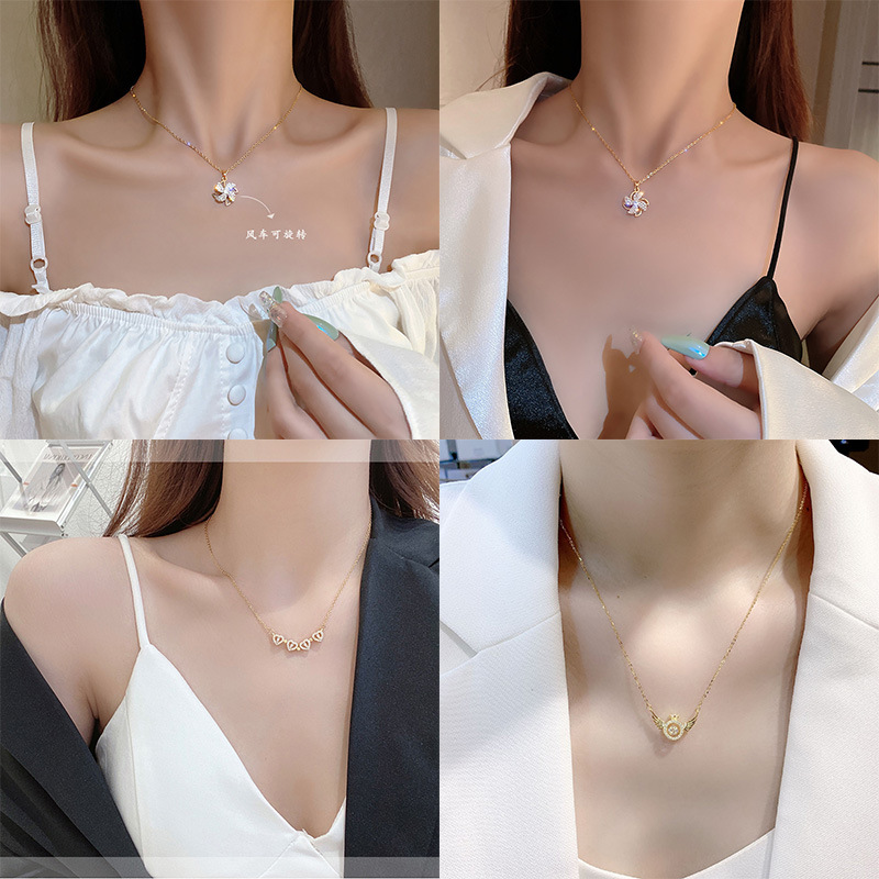 Women's Korean-style steel necklace all-match Non-fading clavicle chain light luxury Clover love pendant Accessories Wholesale