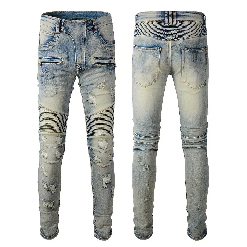 Hand-Worn Biker-Style Distressed Slim-Fit Stretch High-Street Trendy Brand Cycling Motorcycle Jeans for Men, American Style