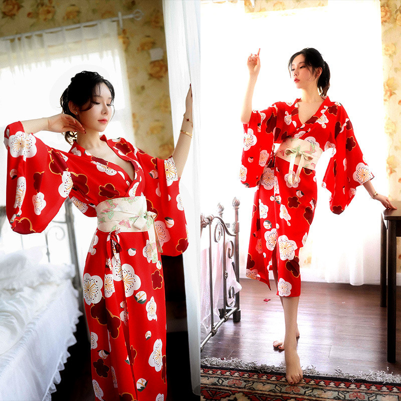 Sexy underwear sexy printed uniform temptation Japanese bathrobe girls deep V long feather kimono a generation of hair