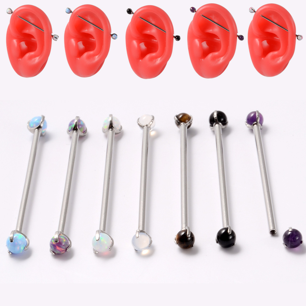 Cross-border grab Opal industrial barbell stud earrings stainless steel internal thread earrings amethyst Opal round beads ear bone ring