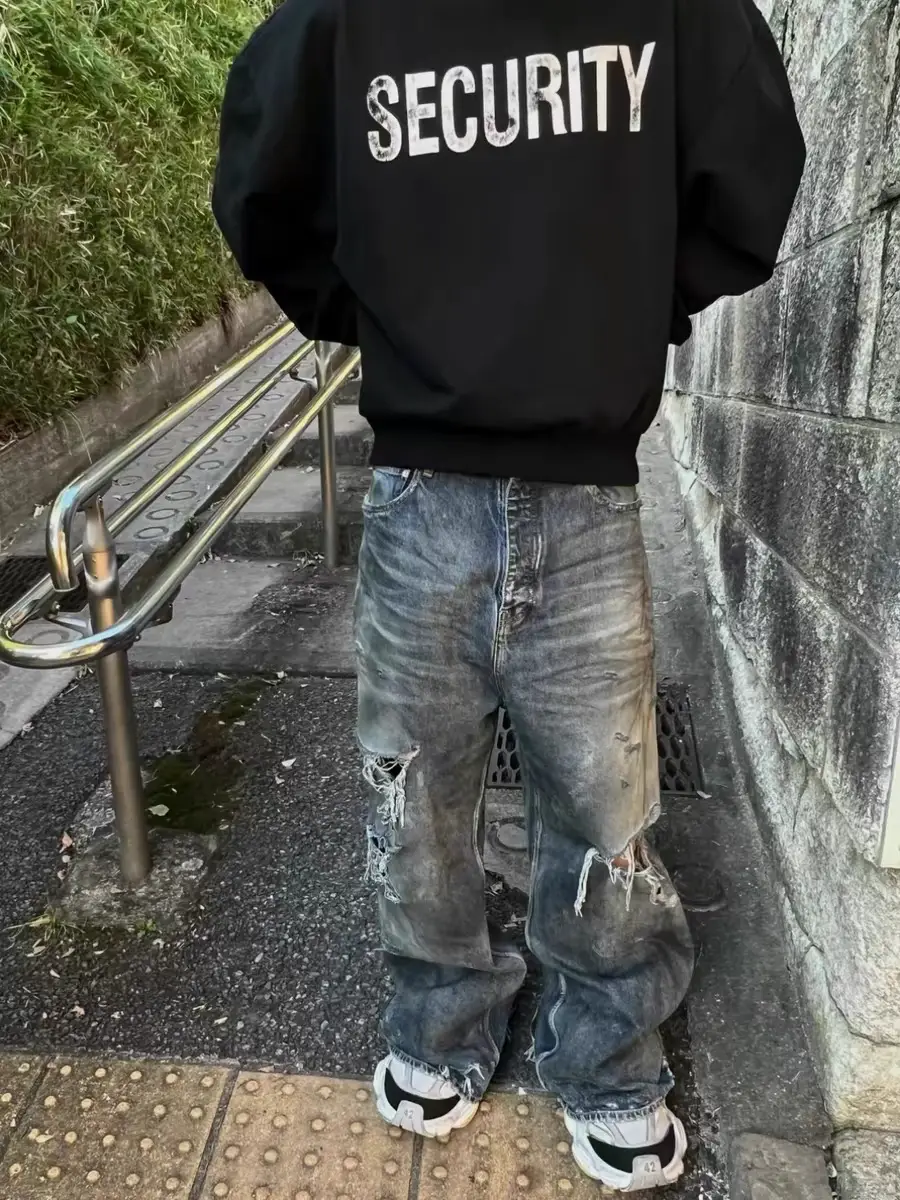 【Paris Baggy Distressed】Blue Mud-Dyed Wookvibe Style Knife-Cut Distressed Wide-Leg Denim Pants