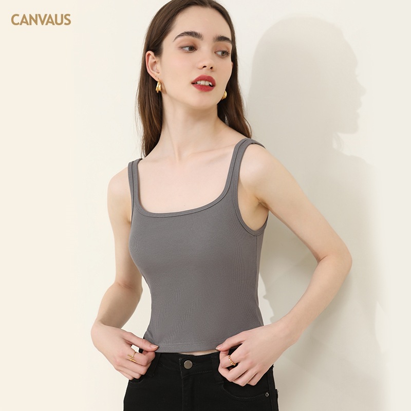 Summer Solid Color Square-Neck Short Top with Chest Pads, Slim Fit, No Bra Needed, Suitable for Outerwear or Layering, Women's Camisole