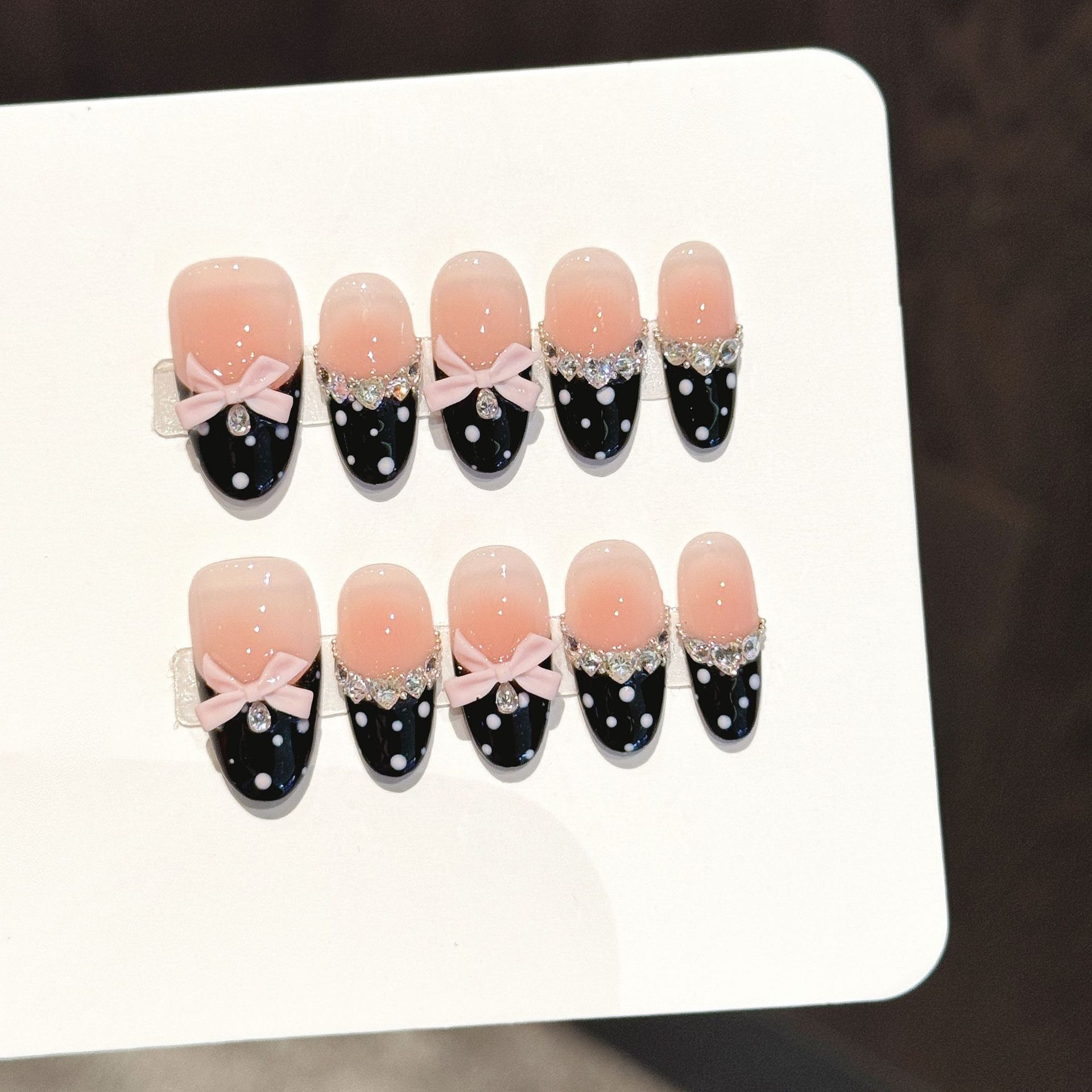 Ricaman Original【Black Sugar Dots】Polka Dot Bowknot Wearable Nails French Style Diamond-Embellished Sweet Cool Style Handmade Nail Art