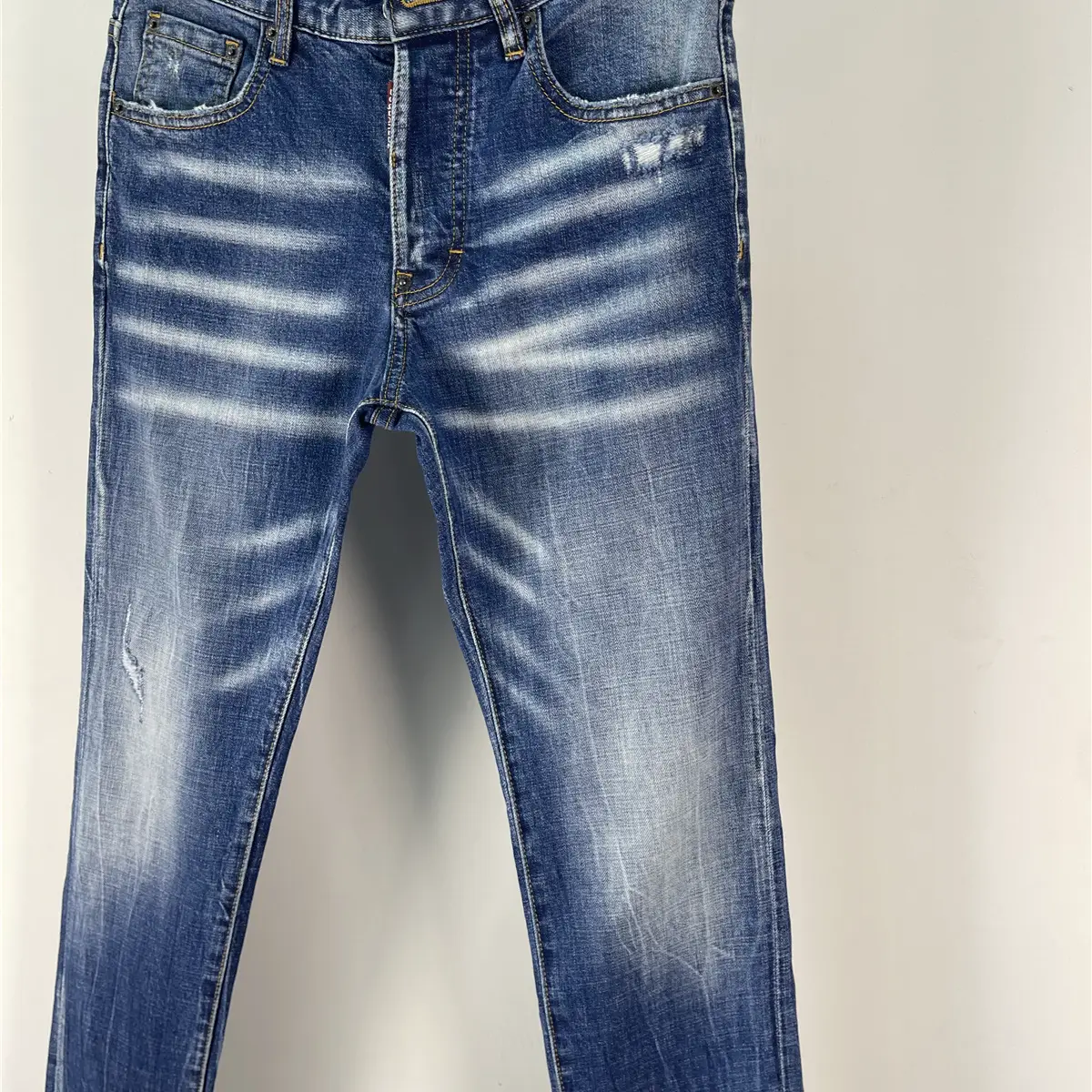 6055 Spring and Summer New arrival Frayed Hole Patch Paint Stereo Cutting Graffiti Print Skinny Jeans Blue D2 Denim Male