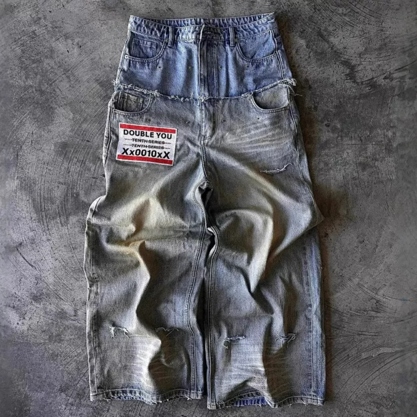 Y2K Millennium style jeans men's pants hip-hop print distressed washed gothic Harajuku high street wide leg pants ins trendy brand