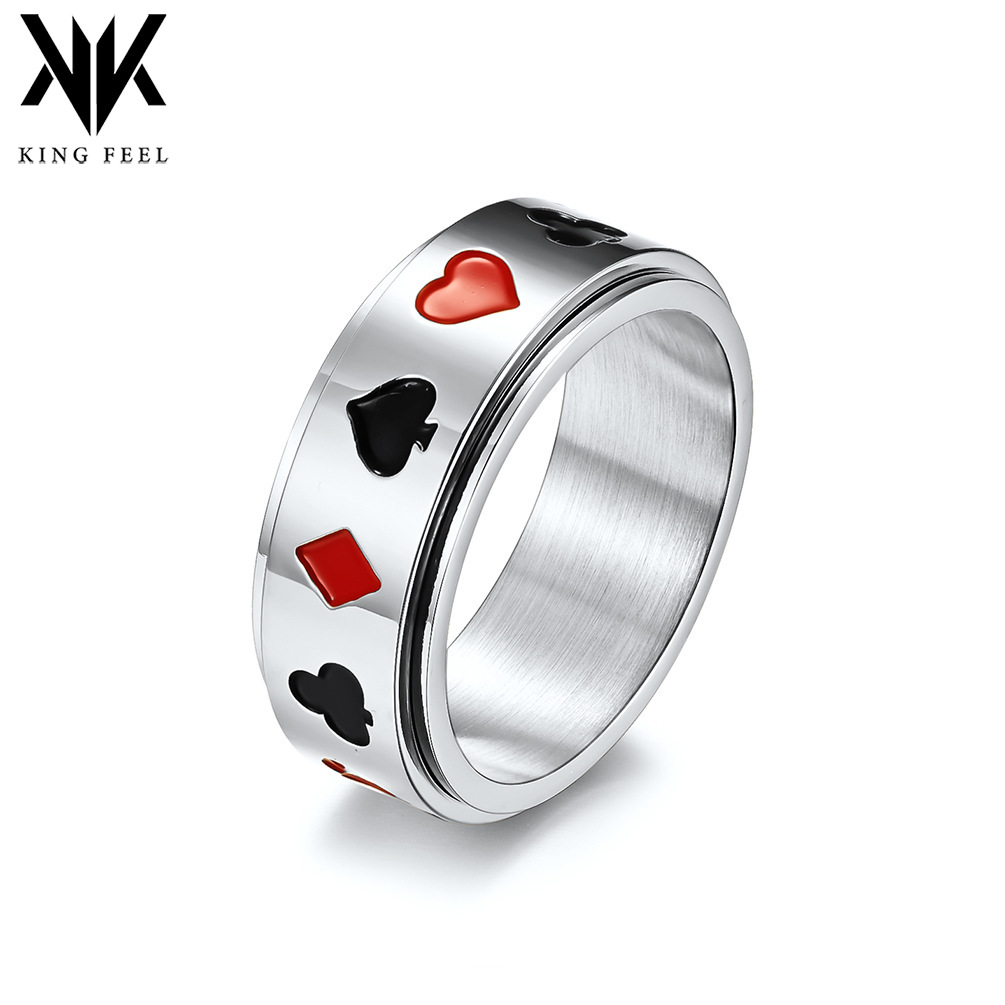 Spades, Red Peach, Plum Blossoms, Squares, Playing Cards Patterns, Titanium Steel Rotatable Rings, Cross-Border Jewelry, Wholesale in Stock