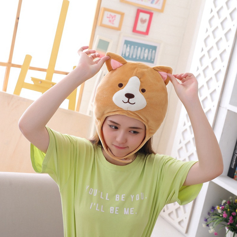 Christmas Party Cosplay Cute Corgi Dog Plush Headgear Animal Cartoon Mask Adult Performance Props