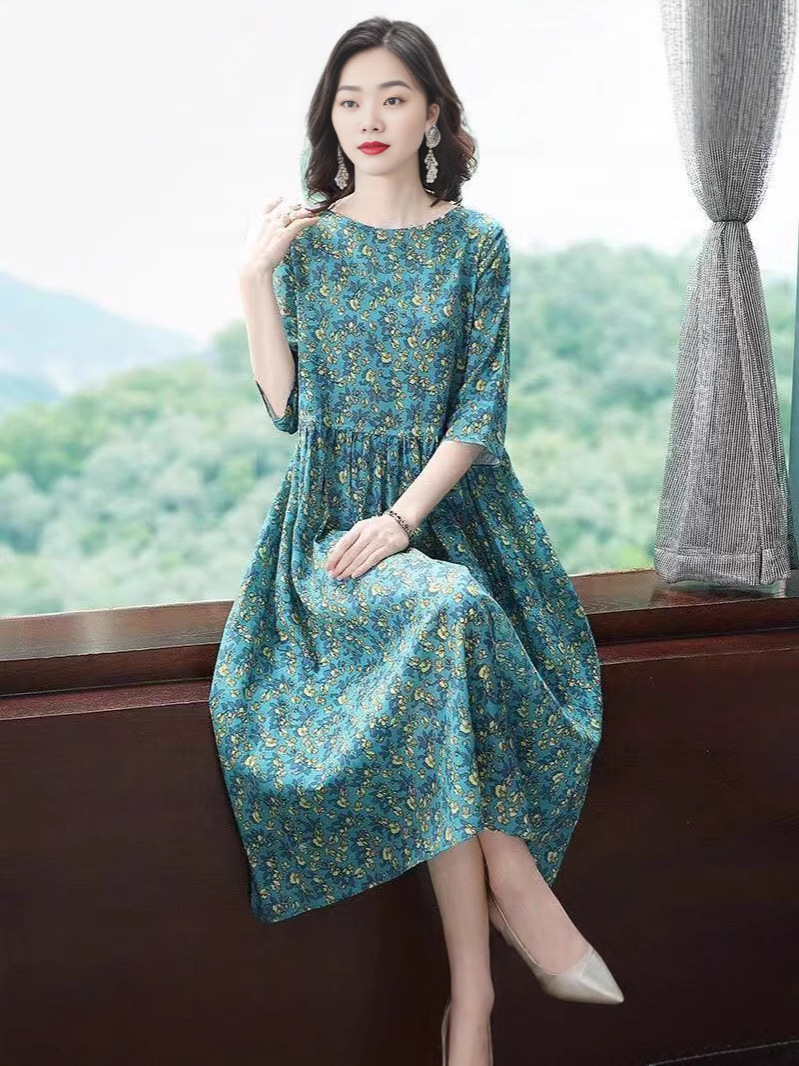 New Floral Dress 100kg Plus Size Women's Clothing for Plus-Size Ladies, Middle-Aged Moms, Trendy Mid-Length Wholesale
