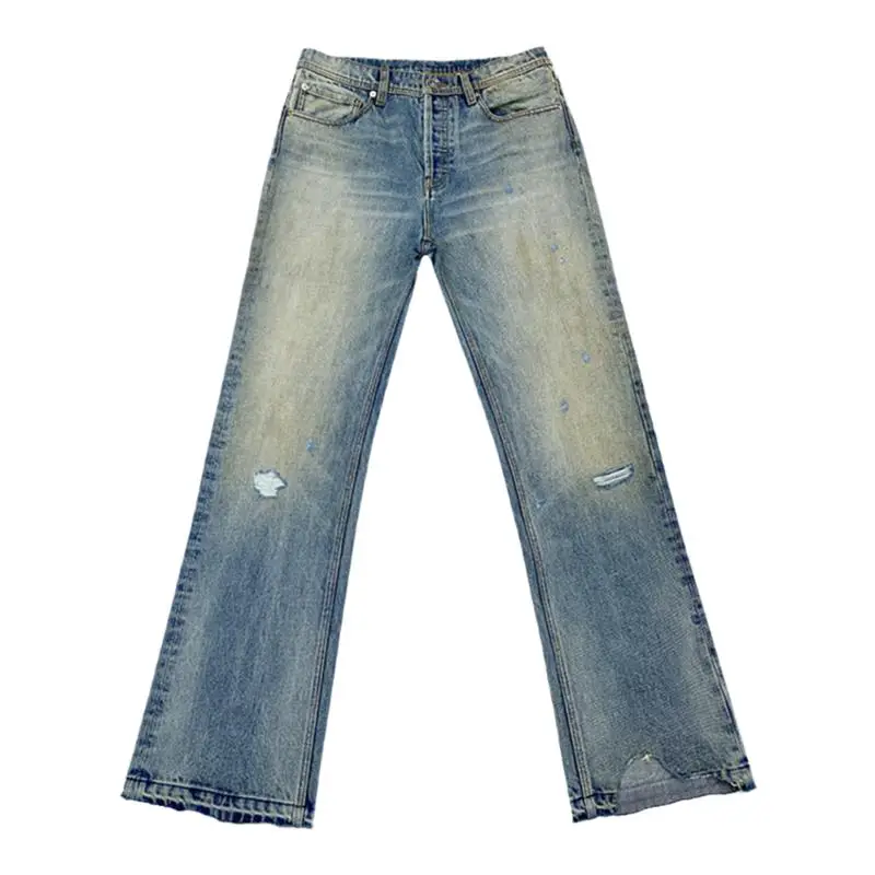 Mkszy Independent Erd Style Washed and Distressed Straight-Leg Denim Single-Sided Trouser Leg Knife Cut Burning