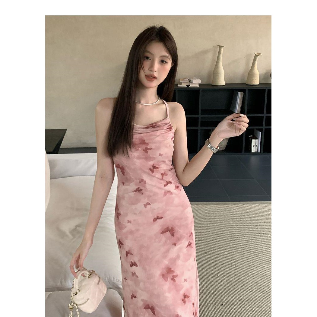 2025 Summer Korean-Style French Gentle Vacation Gradient Mesh Slim-Fit Draped Collar Sweet Strapless Fishtail Vacation Dress