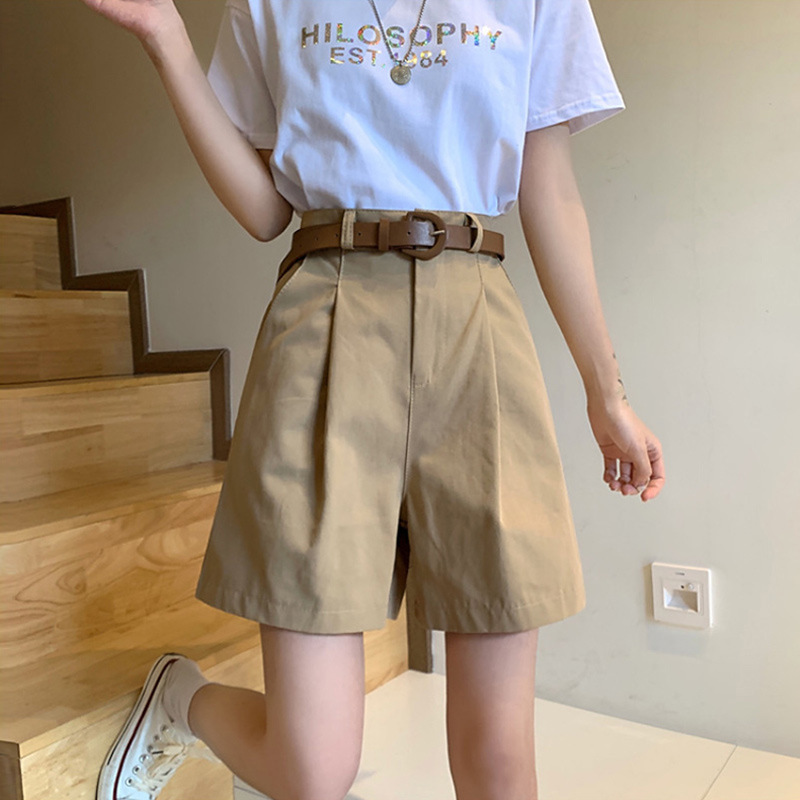 Khaki Five-point Pants Women's Summer Thin Wide-leg Suit Shorts Cyber Popular Small High Waist A- line Casual Mid-length Pants