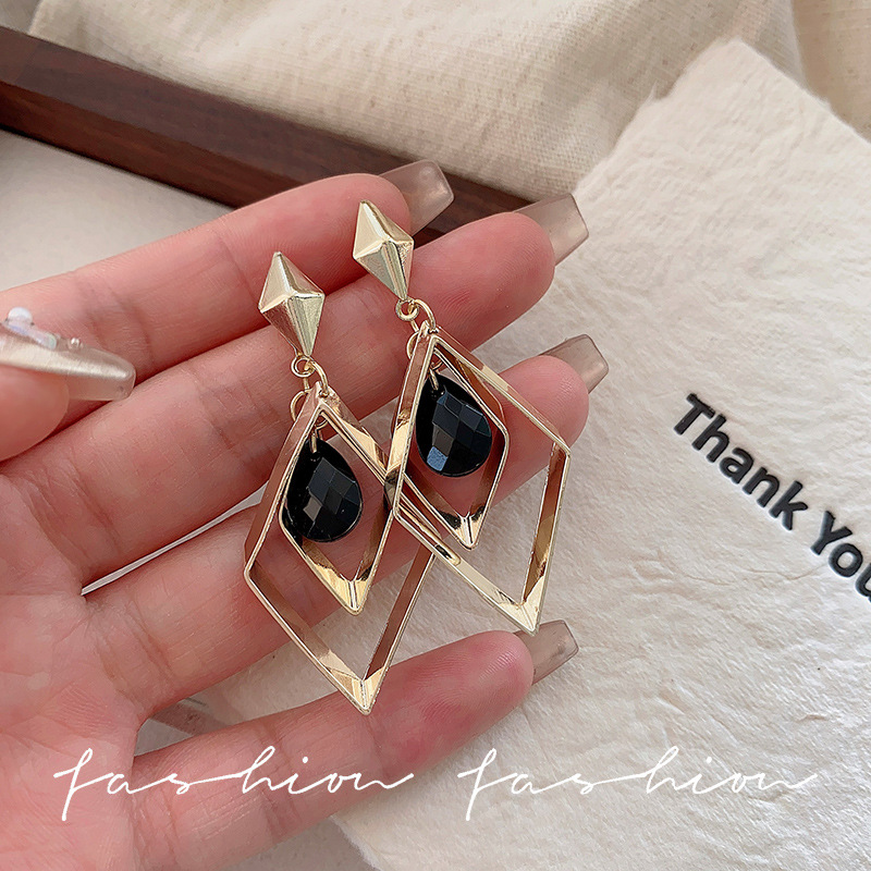 S925 new silver pin earrings European and American exaggerated long fashion trend black diamond temperament earrings earrings women