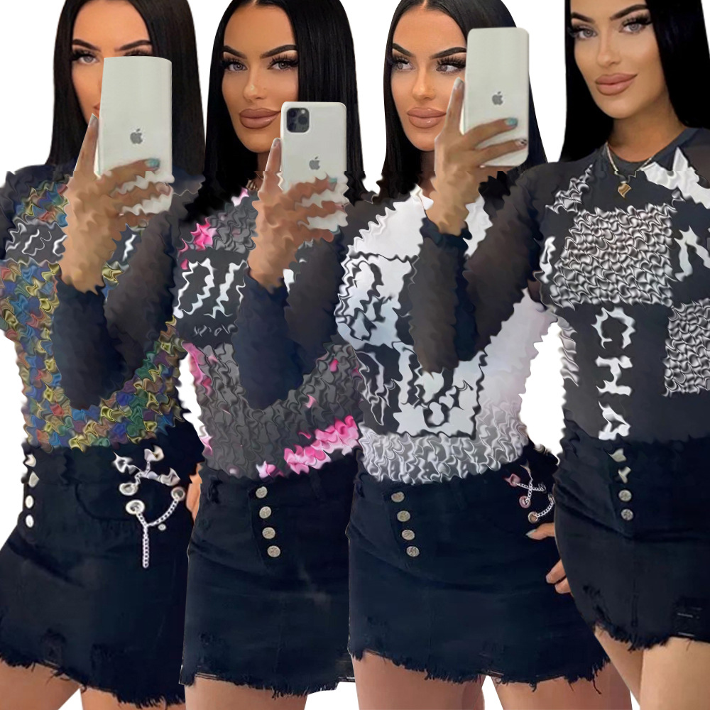 Y71336 Quanzhou European and American Clothing Wholesale Aliexpress Summer New Casual High Elastic Mesh Splicing T-Shirt