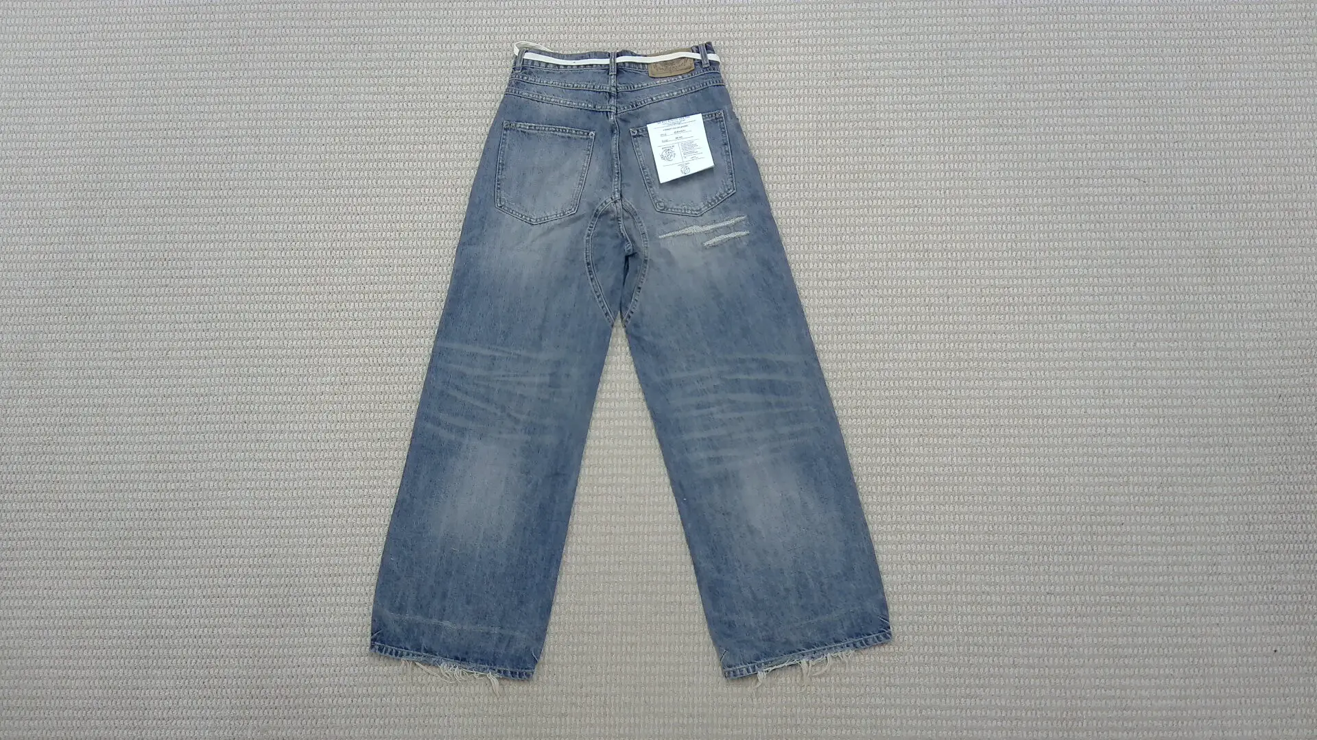 No Faith Studios Washed Whiskered Distressed Handmade Ripped Loose Wide-Leg Light Blue Jeans for Men