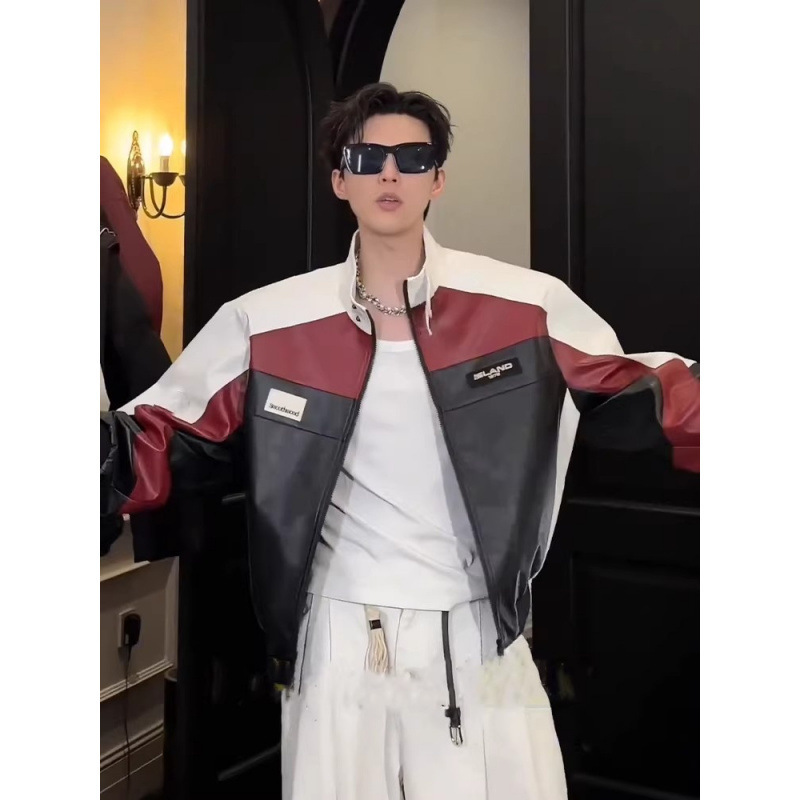 American Retro Racing Leather Jacket for Men, Spring and Autumn Short Style with Contrasting Color Design, Pilot Stand-Collar Jacket