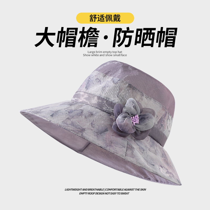 2025 Summer Middle-Aged and Elderly Women's Fashion Thin Sun Hat for Moms, Floral Elegant Sun Protection Hat