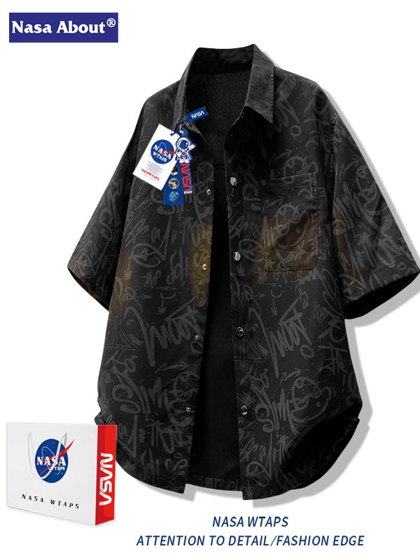 Nasa Ice Silk Large Size Short-Sleeved Shirt Summer Men's Plus Fat Trendyy Light and Cool Full Flower Lapel Shirt Jacket
