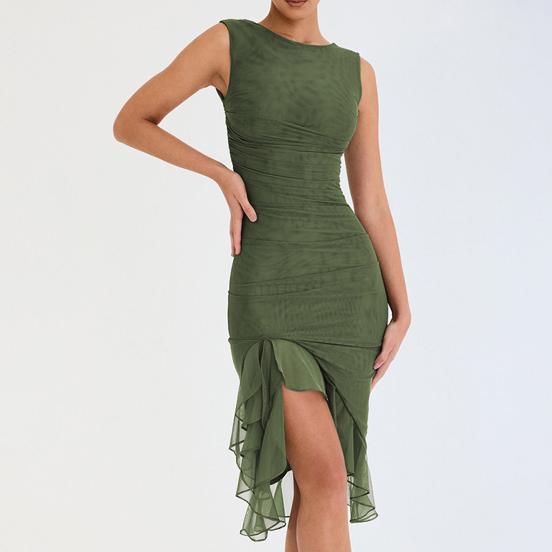 European and American Cross-Border 2025 Summer New Fashion Mesh Tight Solid Color Elegant Pleated Dress Summer Women Wholesale