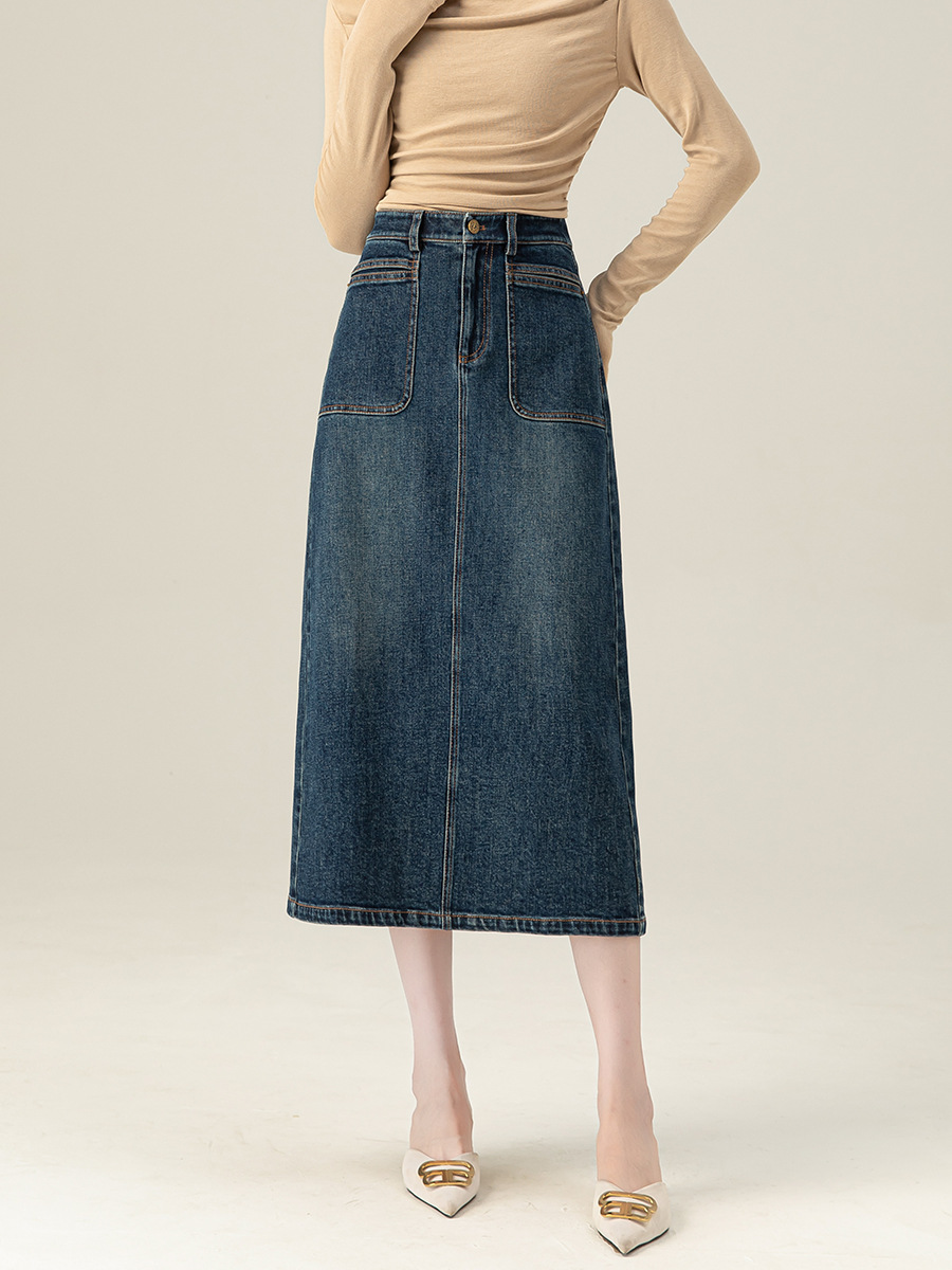 Xinge High Waist A- Line Denim Skirt Women's Autumn New Mid-Length Split Long Skirt for Small Men Hip Skirt