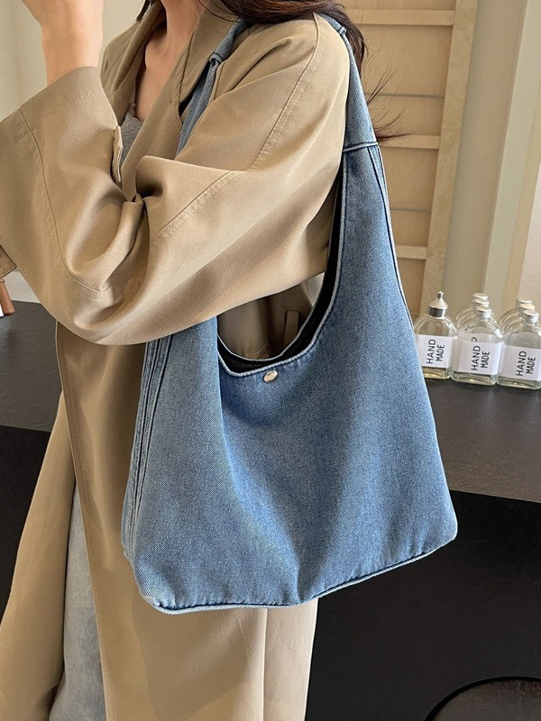 New Fashionable Korean Style Solid Color Denim Shoulder Bag Girl's Artistic Large Capacity Underarm Bag Fashionable Portable Shopping Bag
