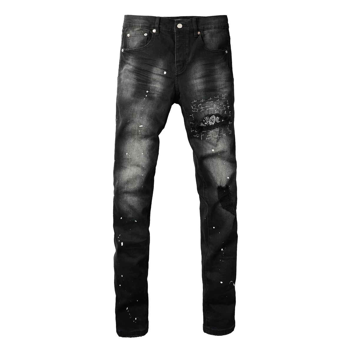 Purple Jeans American Trendy Brand New Black and Gray Washed Personalized Printed Patch Stretch Slim Fit Jeans for Men