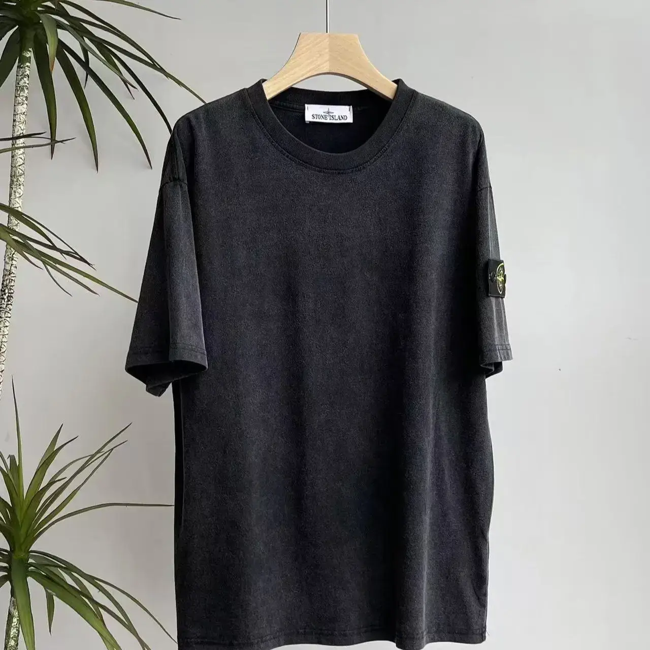 Cross-Border Stone Lsland Stone Pure Color Armband Island Summer New 7⃣️ Color Distressed Washed Short-Sleeved T-Shirt