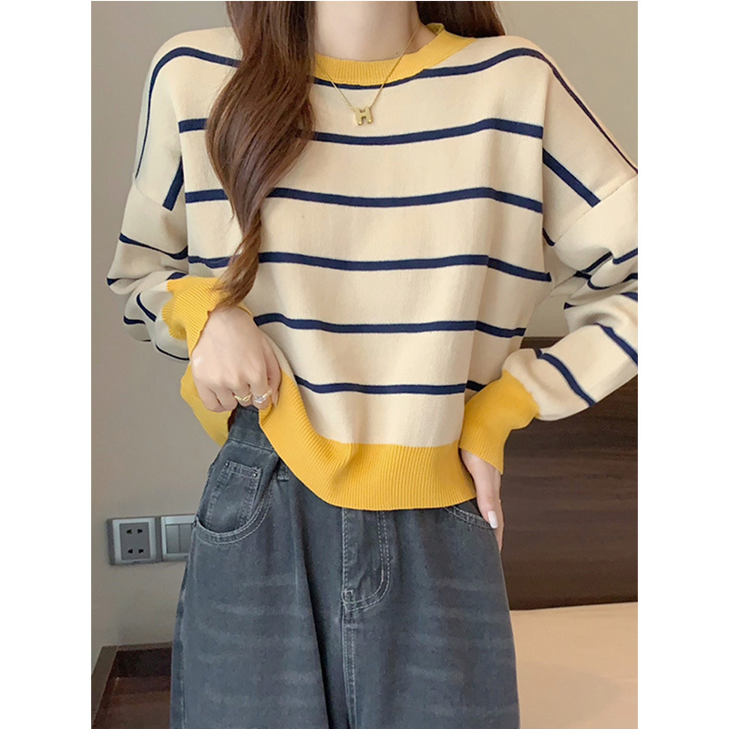 Contrast Color Lapel Zipper Sweater Jacket for Women 2024 Autumn and Winter Niche Loose Short Knitted Cardigan Top Long Sleeves