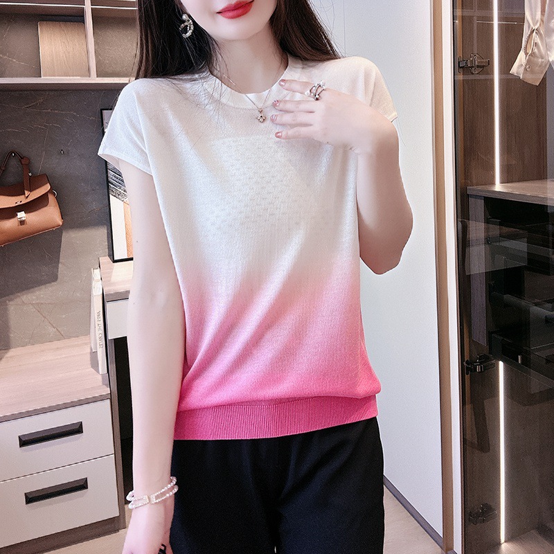 23 Summer New Round Neck Gradient Short Sleeve T-shirt Women's Tencel Knitted Shirt Top Contrast Color Thin Slim Half Sleeve