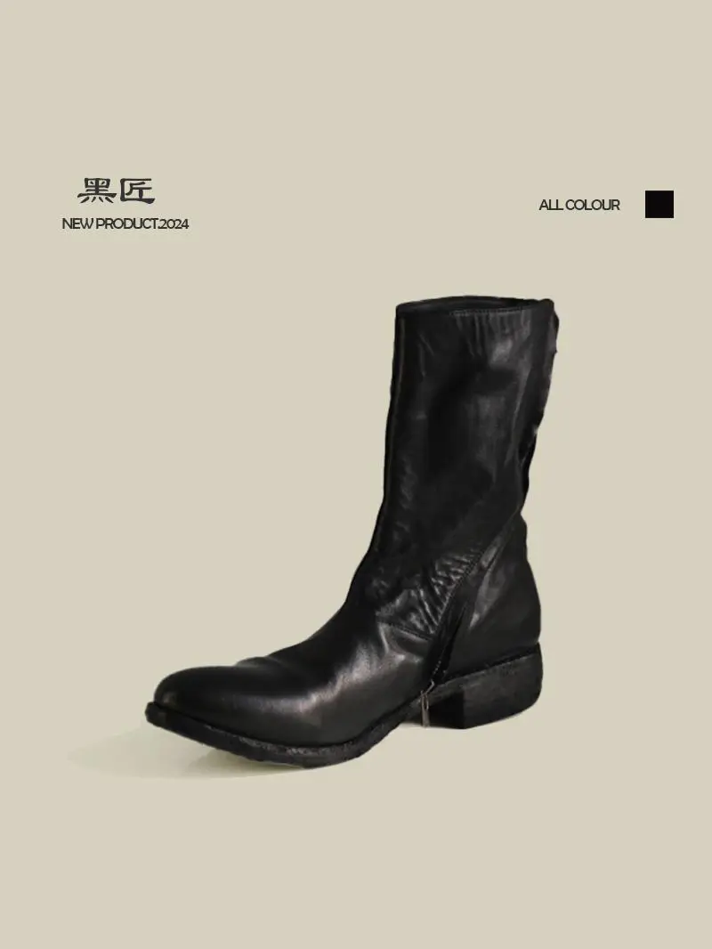 Ccp Boots Men's Classic Spiral Zipper Boots Dark Black Goodyear Washed Vintage Distressed Horse Leather Martin Boots