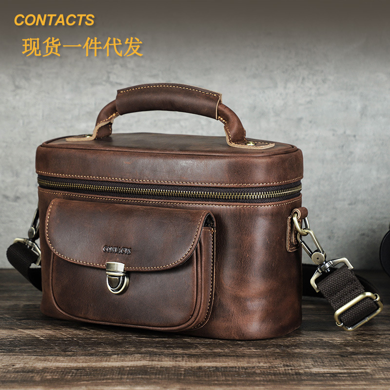 Black Angel retro Crazy Horse cowhide portable crossbody camera bag multifunctional travel wash bag genuine leather storage bag