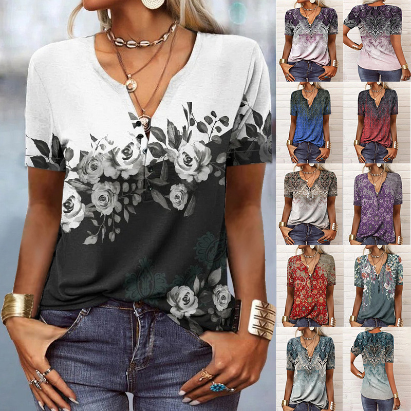 2023 Spring and Summer European and American Cross-Border Amazon Wish New Export Women's Short-Sleeved Printed Ethnic Fashion T-Shirt for Women