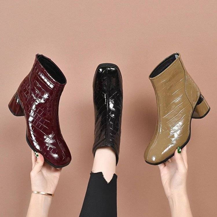 Beijianglang's New High-Heeled Shiny Patent Leather Short Boots for Women, French-Style Chunky Heel High-End Women's Boots, Mid-Heel Single Boots, This Year's Hot Item