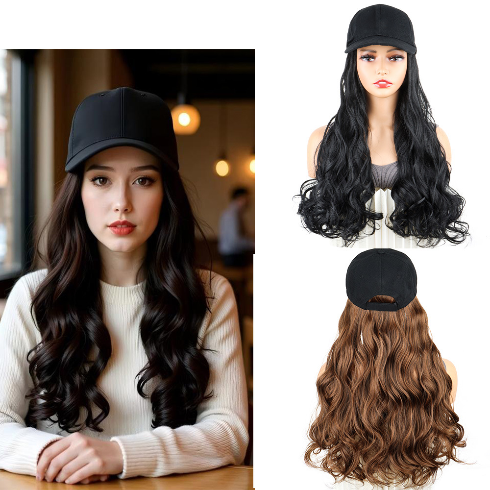 Wig for Women with Long Curly Hair, Big Waves, Full Headgear, Baseball Cap, Wig, Hair Net, Slightly Curly