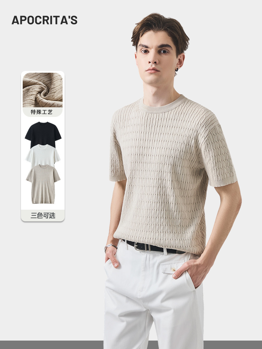 Apo Men's Clothing | Cross-Border Men's Short-Sleeved T-Shirt Summer Slim-Fit Round-Neck Cable-Knit Textured Inner Top