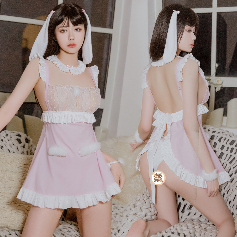 Manyan Sexy Lingerie with Sheer Fabric, See-Through Back Slit, Lace Trim, Tie-Up Bunny Girl Uniform 9990