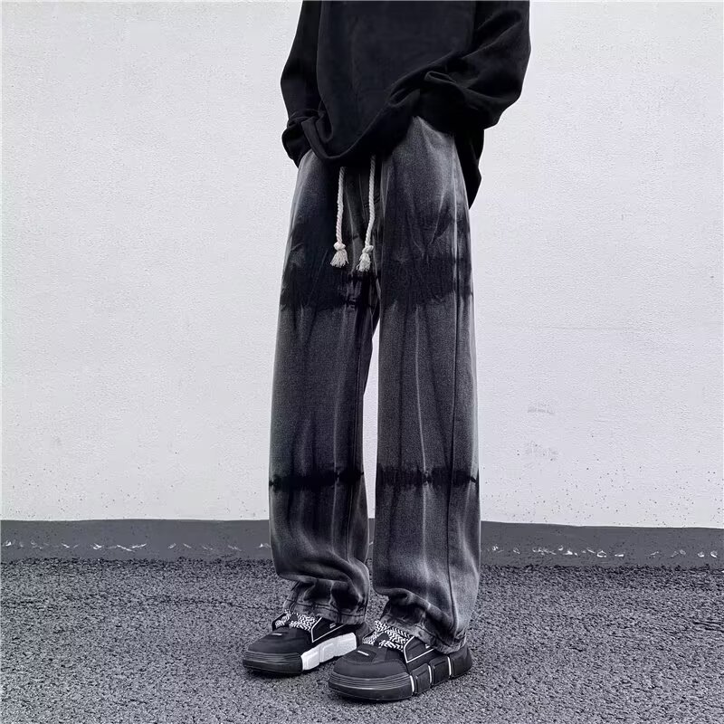 Vintage Woven Drawstring Tie-Dye Jeans Boys Hip-Hop Wide-Leg Straight Bf Wind-Hanging Loose Micro-Flared Pants